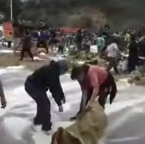 Saquearon un camión de azúcar que volcó. Mucha desesperación