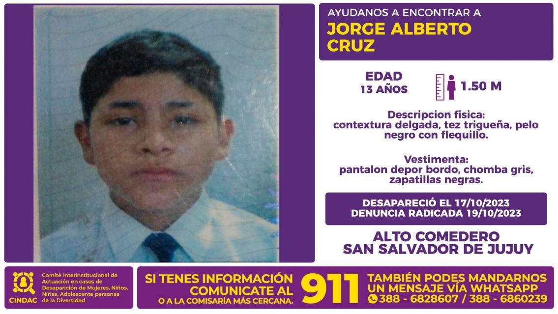 Juje�ito de 13 a�os desapareci� hace dos d�as y lo buscan por todas partes