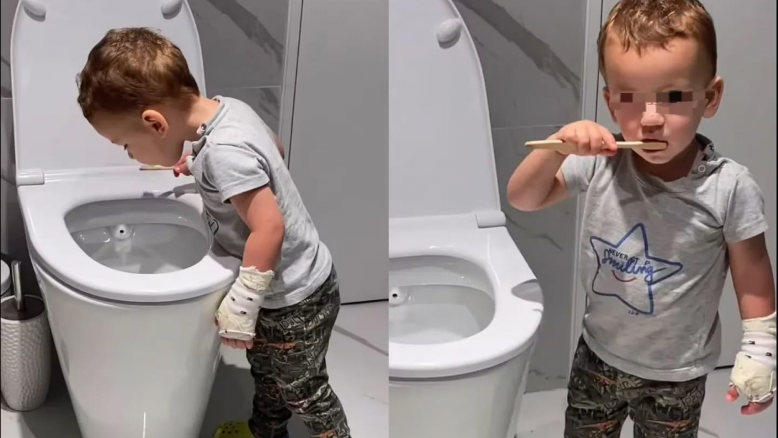 El hijito de Fabi�n Cubero y Mica Viciconte se lava los dientes en el inodoro
