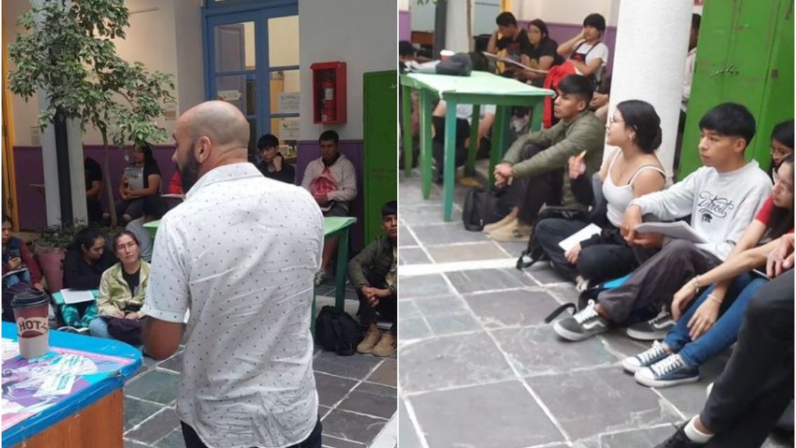 Muy grave: estudiantes de la UNJu toman clases en los patios todos amontonados