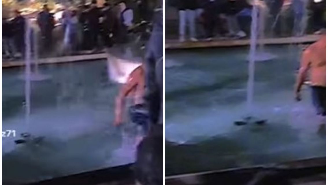 De la cabeza! con dos grados bajo cero se meti� a la fuente de la Plaza Belgrano