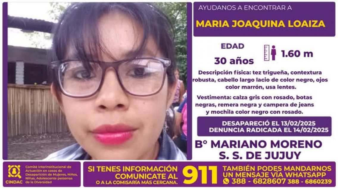 Gran desesperación por la desaparición de María Joaquina Loaiza