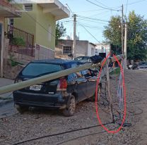 AHORA: Cayó un poste y destrozó un auto 