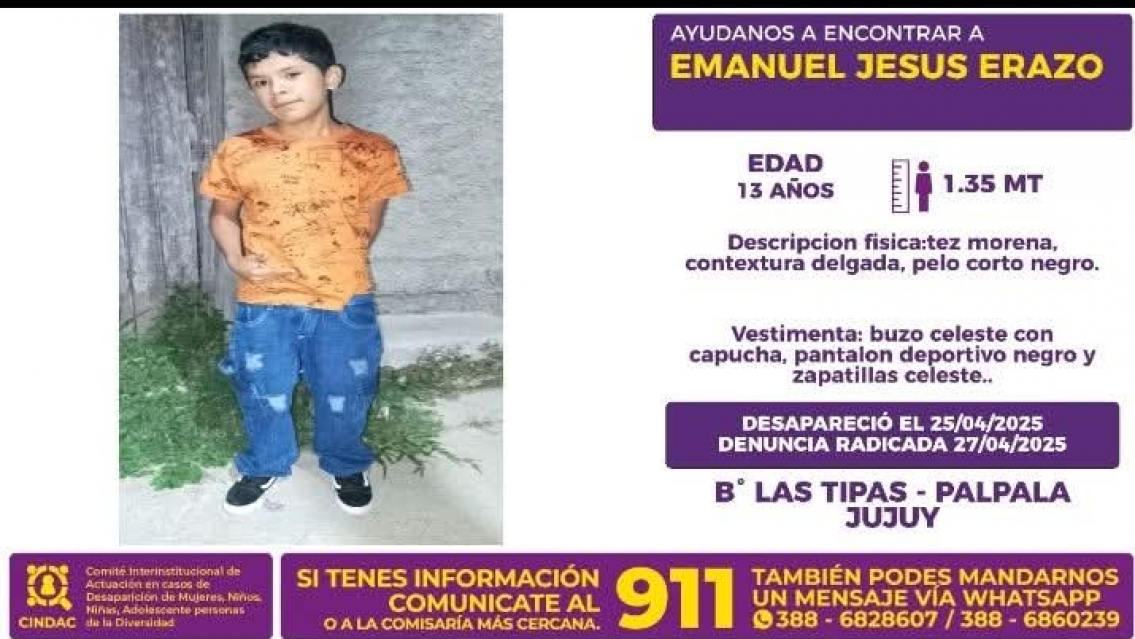 Otro menor desaparecido en Palpalá, Emanuel Jesús Erazo tiene 13 años