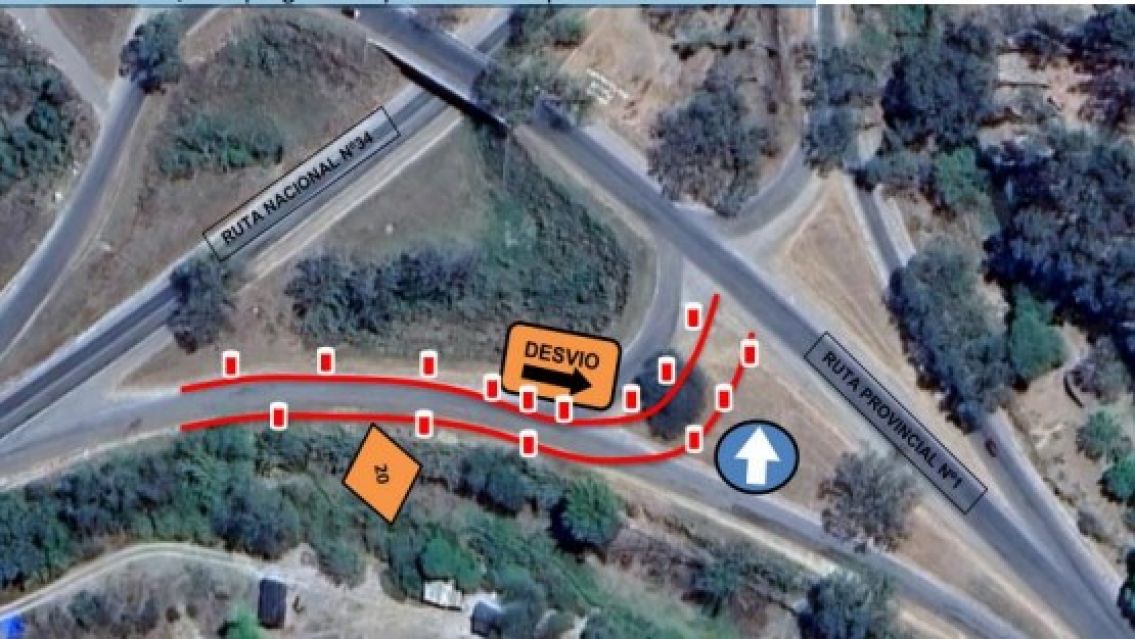 Desvío provisorio en el ingreso a la Ruta Provincial 1 desde la Ruta Nacional 34