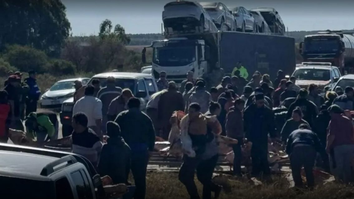 Volcó un camión cargado de carne en plena ruta: fue saqueado por decenas de personas