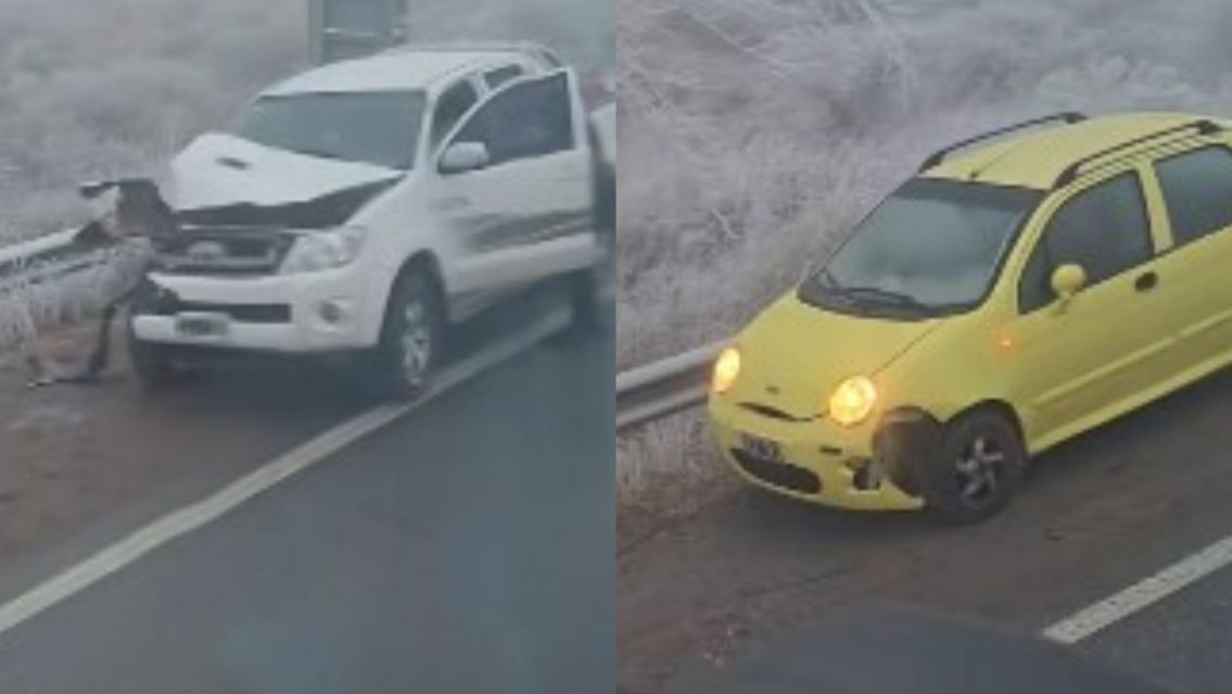 Choque en ruta 9 en medio de la nieve: auto y camioneta se dieron un fuerte palo