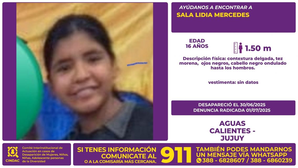 Buscan a Lidia Mercedes Sala, una adolescente desaparecida en Aguas Calientes