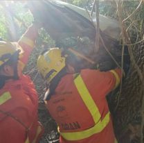 Accidente: Jujeños agarraron un bache con el auto y terminaron colgados de un árbol