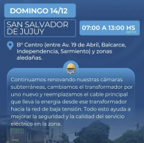 Este es el comunicado oficial de Ejesa: cortes mañana domingo en Jujuy