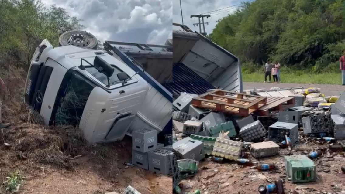 ¡Nooo, las birras! Camión reventó una cubierta y volcó en una ruta norteña