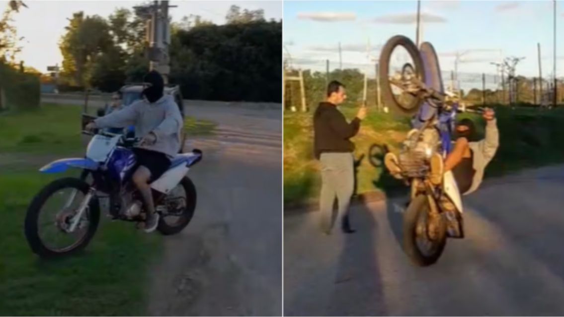 P�nico total: practicaban "wheelie" en la moto y casi atropellan una familia