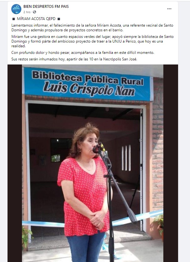Falleció Miriam Acosta, una de las vecinas más queridas de Perico Que Pasa Jujuy