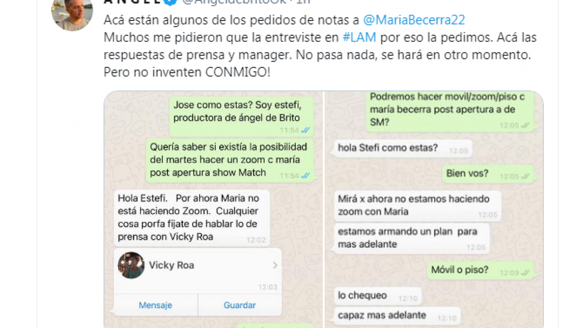 ¿María Becerra es agrandada? Se filtraron los chats de Ángel de Brito